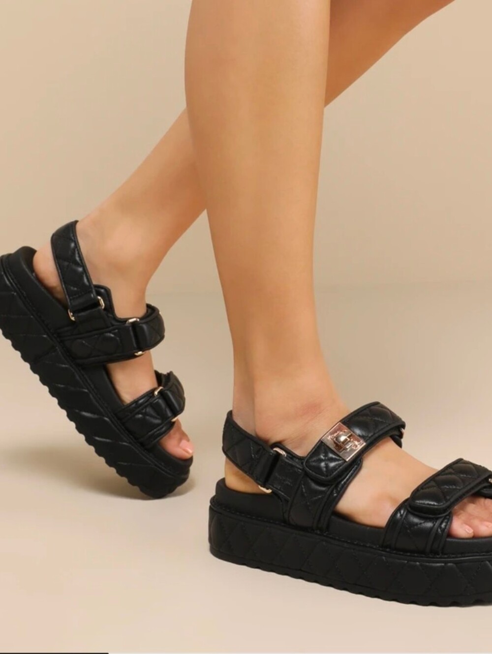 Black Quilted Leather Slingback Flatform Sandals